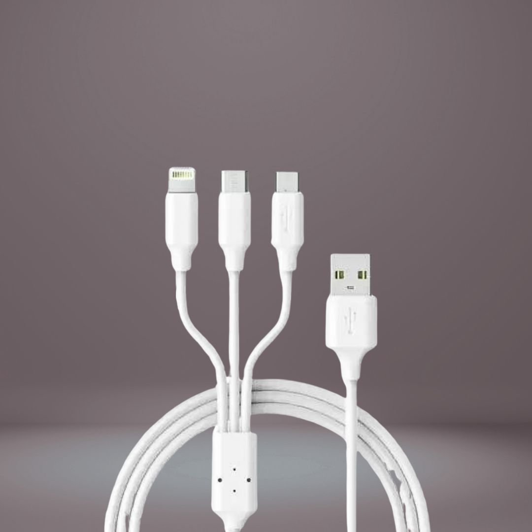 CALLSA 3 in 1 Cable 1.3 m With Fast Charging Datacable Type C, Lighting Cable, Micro USB (Compatible with Mobiles, iphone, Android, Tablet, AirPods, White, One Cable)