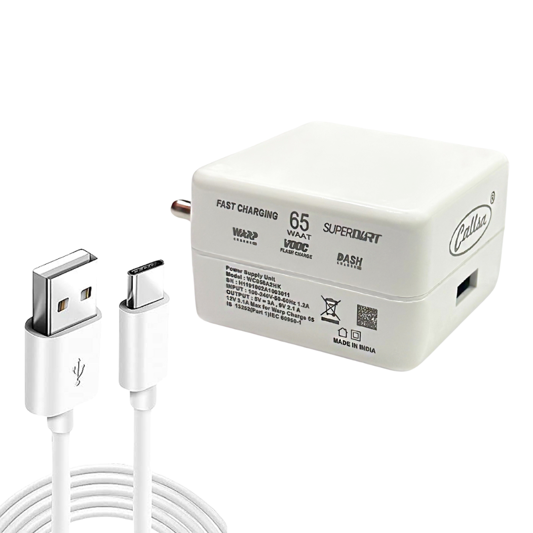 CALLSA 65W VOOC,Warp,Dash Fast Charger, 65 Watt Quick Charger with Type C Cable, Fast Charging Adapter and Compatible with All IOS/Android Phones, Tablets