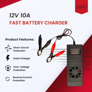 12V 10A Fast Battery Charger with 5-Level LED Indicator for Car & Bike, with Cooling Fan,Heavy Duty Clamps for Lead Acid, Lithium, Inverter & UPS Batteries with Digital Voltage Display